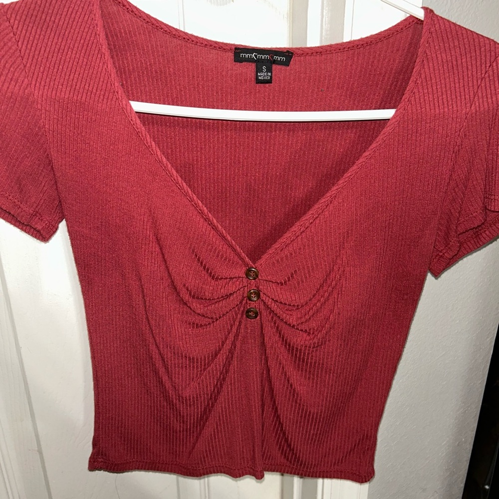 Max Studio Red Ribbed Ruched Blouse